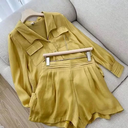 Thin Short Sets Shirts Two Piece Sets Loose Long Sleeve Casual Office Clothing Solid Color 2 Piece Summer Set Women Elegant - M & M Global