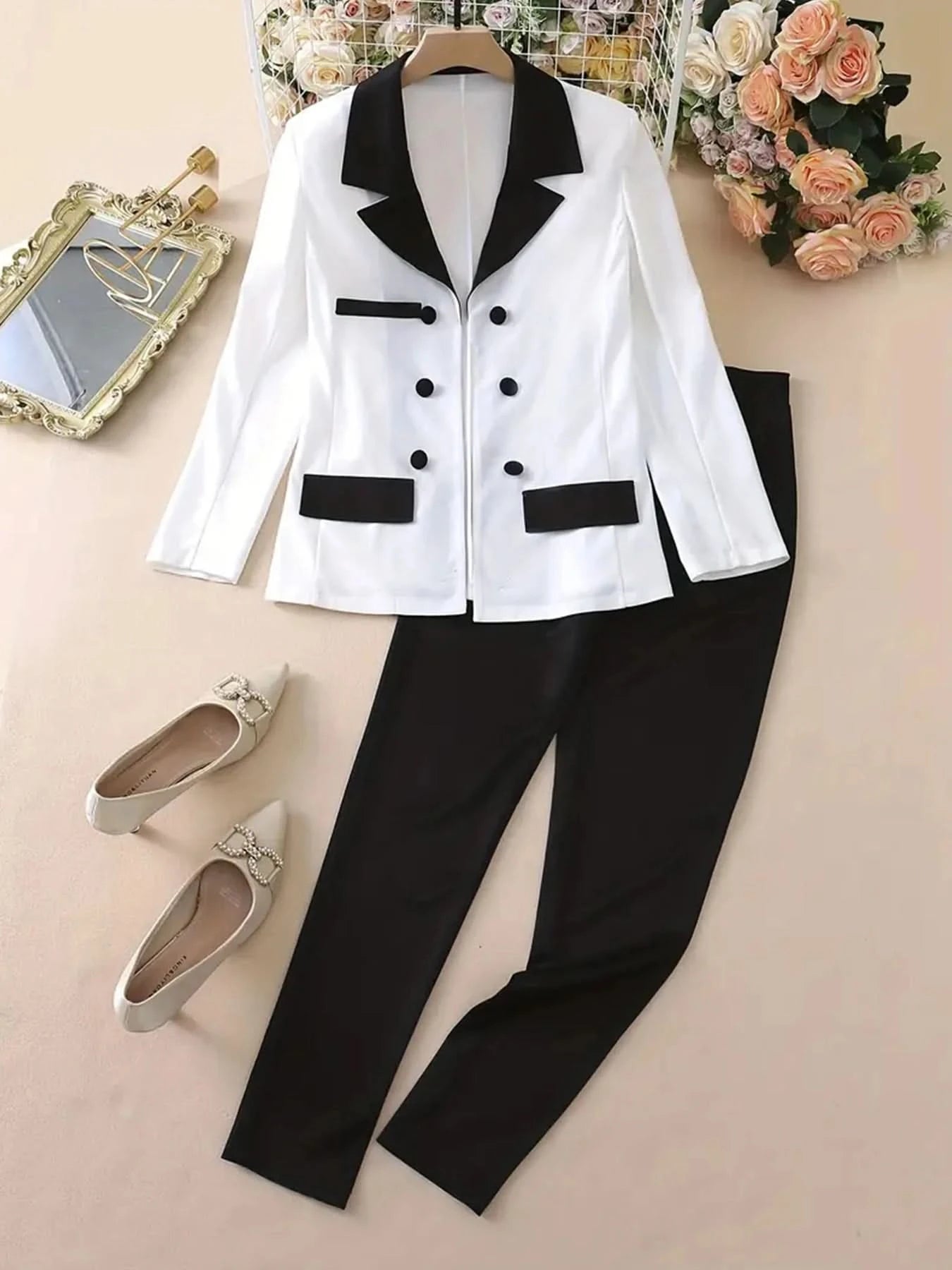 Women's Gradient Color and Snake Print Business Casual Two-Piece Suit Set, Double Breasted Long Sleeved Lapel Suit Jacket and Hi