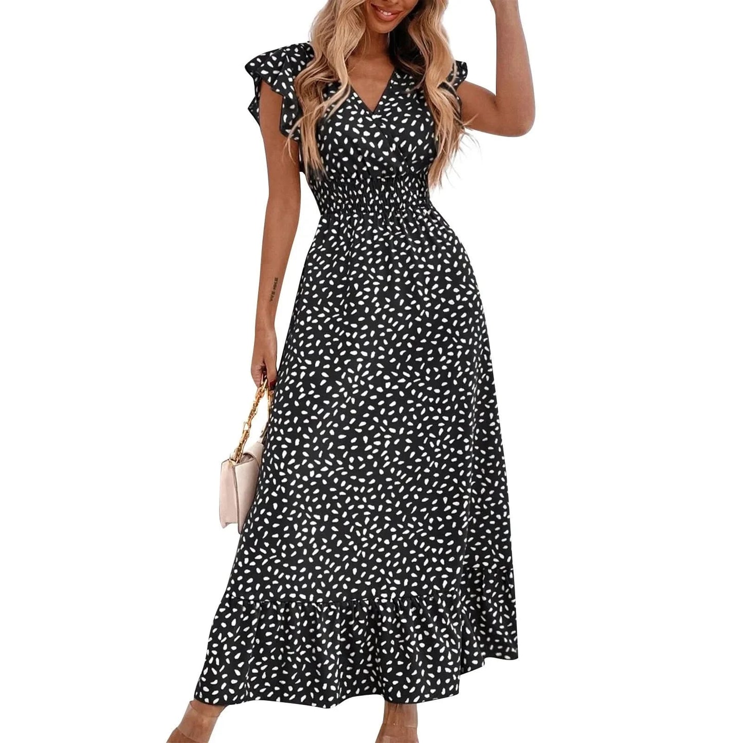 Polka Dot Dress For Women Sexy V-Neck Long Dress Casual And Fashionable Ruffle Edge Short Sleeved High Waisted Dress - M & M Global