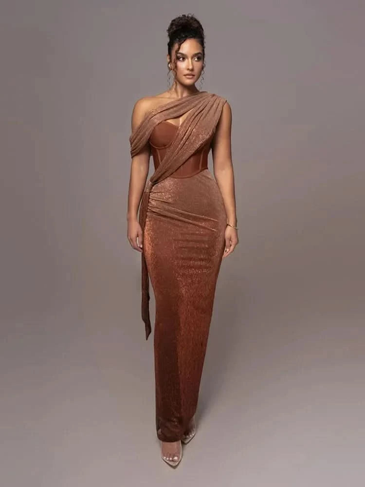 Sexy One Shoulder Draped Glitter Long Dress Women Brown Corset Sparkly Backless Bodycon Maxi Dresses Evening Party Gowns - M & M Global