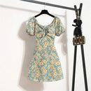Women Mini Dresses Summer Fashion Female Vestidos Print Floral Chiffon Dresses Shirring Pleated Short Puffy Sleeve Casual Dress - M & M Global