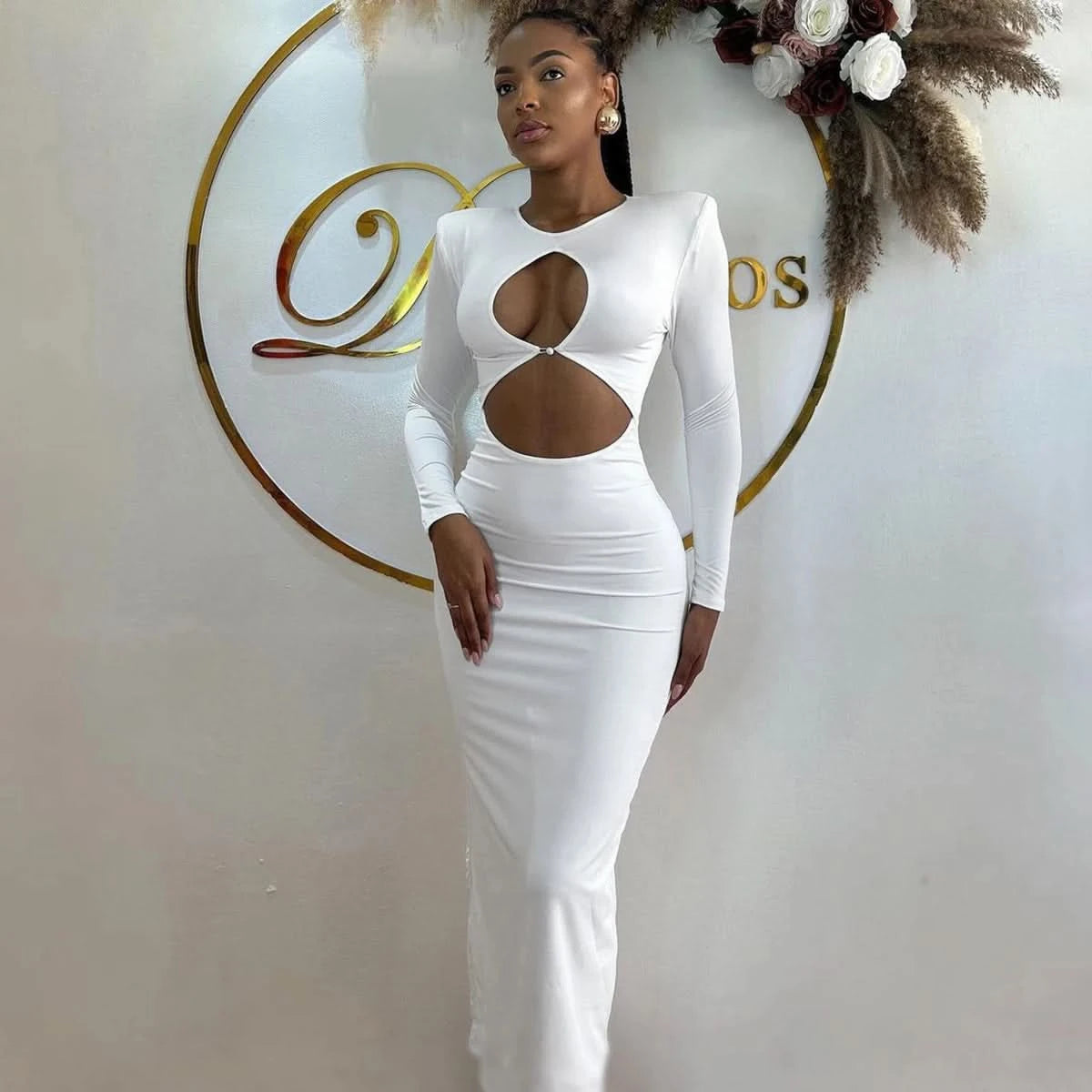 Hawthaw Women 2024 Spring Autumn Sexy Long Sleeve Party Club Hollow Out Bodycon White Long Dress Wholesale Items For Business - M & M Global