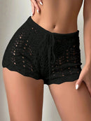 Polyester100.00% Hollow Drawstring Open Waist Knitted Bikini Blocked Women's Shorts - M & M Global