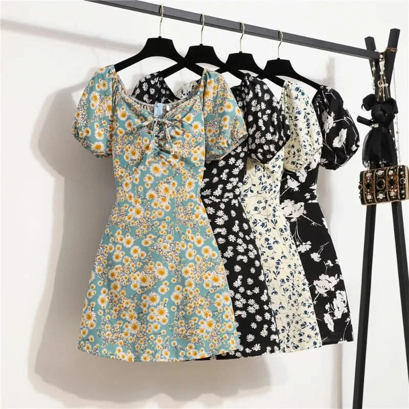 Women Mini Dresses Summer Fashion Female Vestidos Print Floral Chiffon Dresses Shirring Pleated Short Puffy Sleeve Casual Dress - M & M Global