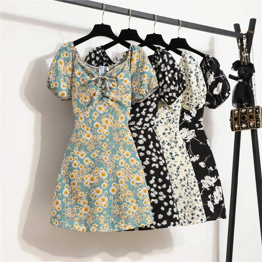 Women Mini Dresses Summer Fashion Female Vestidos Print Floral Chiffon Dresses Shirring Pleated Short Puffy Sleeve Casual Dress - M & M Global