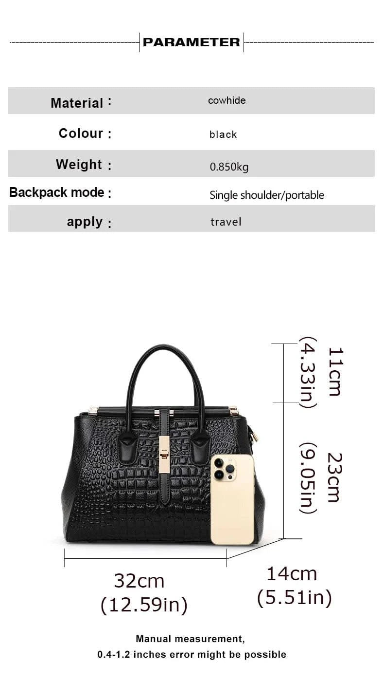 Aidrani Genuine leather women's handbag, fashion crocodile pattern design, high-end luxury cowhide bag large capacity - M & M Global
