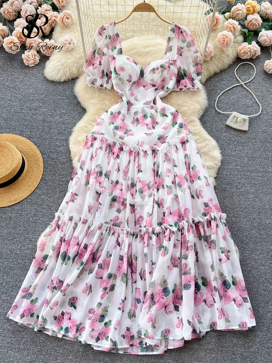 SINGREINY Beach Vacation Floral Print Dress Women Backless Lace Up Cross Bandage Ruched Korean Hotsweet Fashion Party Long Dress - M & M Global