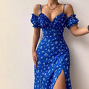 Women Elegant Off Shoulder V Neck Long Dress Sexy Sling Ruffle Strapless Slit Party Dress Spring Floral Print Slim Dress 21764 - M & M Global