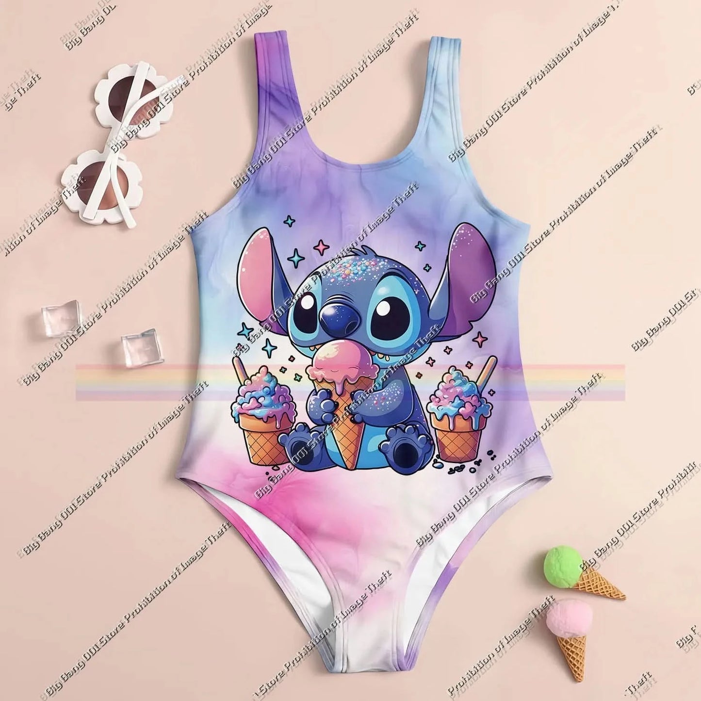 Stitch Cartoon Miniso 2025 Summer 3D Printing Kids Clothing Swimsuit Girls Boys Two Piece Bikini Set Beach Party Essential - M & M Global