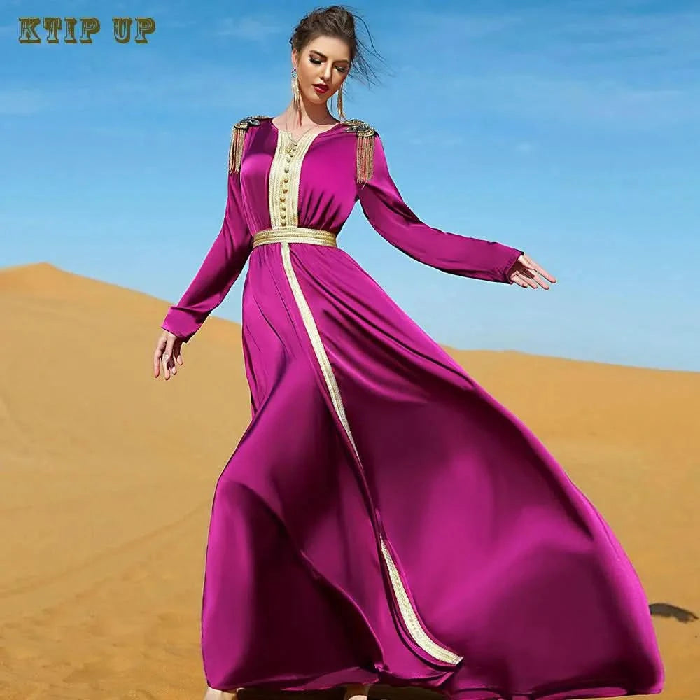 Ramadan Luxury Muslim Fashion Bat Sleeve Moroccan Turkiye Dubai Dress Middle East Arab Dress Sequins Golden Velvet Long Dress - M & M Global