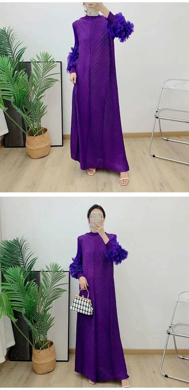 ANLAN Miyake Pleated Maxi Long Dress Mesh Petal Sleeve Half Turtleneck Formal Dresses for Women 2024 New Hot Sales 6KK9927 - M & M Global
