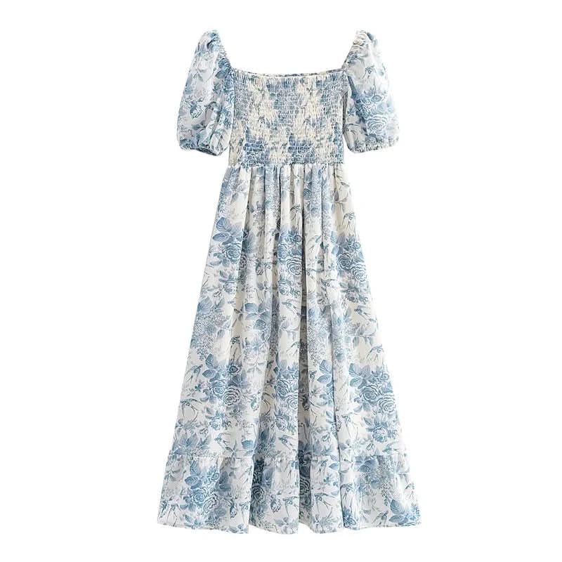 Summer Off-the-shoulder Short Sleeved Floral Split Long Chiffon Dress Swallows Print Fit and Flared Sweet  Ruffles Long Dress - M & M Global