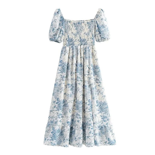 Summer Off-the-shoulder Short Sleeved Floral Split Long Chiffon Dress Swallows Print Fit and Flared Sweet  Ruffles Long Dress - M & M Global