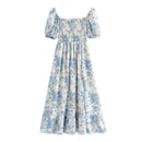 Summer Off-the-shoulder Short Sleeved Floral Split Long Chiffon Dress Swallows Print Fit and Flared Sweet  Ruffles Long Dress - M & M Global
