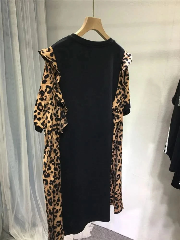 Extra size 300 pounds fat people wear summer women's dress leopard print patchwork bear rhinestone short-sleeved skirt - M & M Global