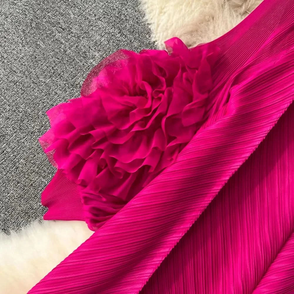 Sweet Pleated Vintage Three-dimensional Flower Loose Long Dress Chic Evening Korean Fashion Fashion Women Summer Dresses - M & M Global