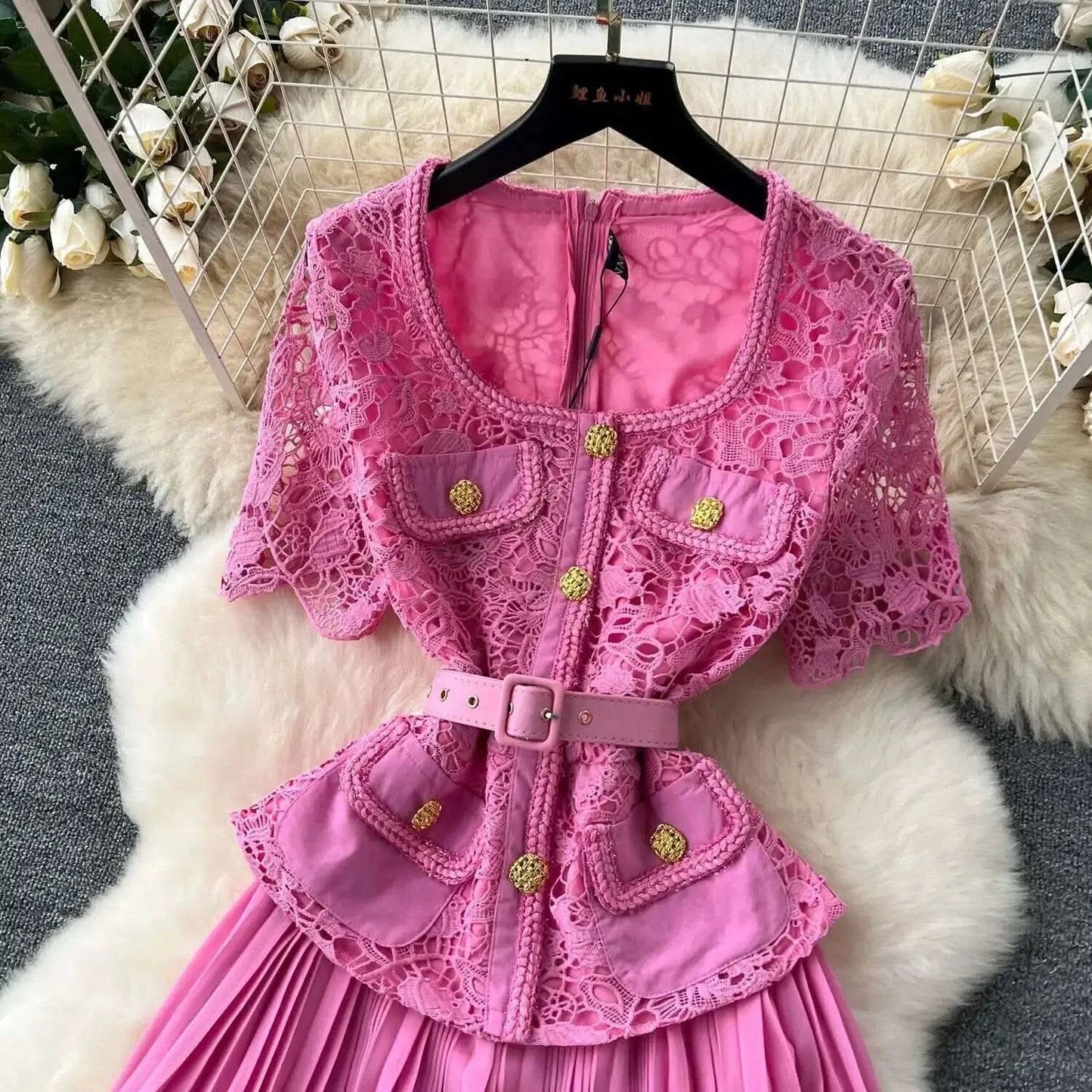 Designer 2025 Summer Pleated Chiffon Lace Long Dress Women Flower Embroidery Gold Button Belt Evening Party Dresses Wedding Robe - M & M Global