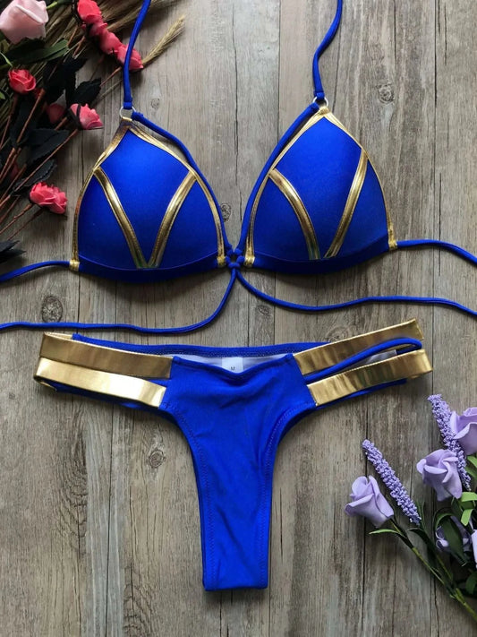 Contrast Trim Wrap Lace Up Bikini Sets Swimsuit For Women High Waist Two Pieces Swimwear 2022 Beach Bathing Suits - M & M Global