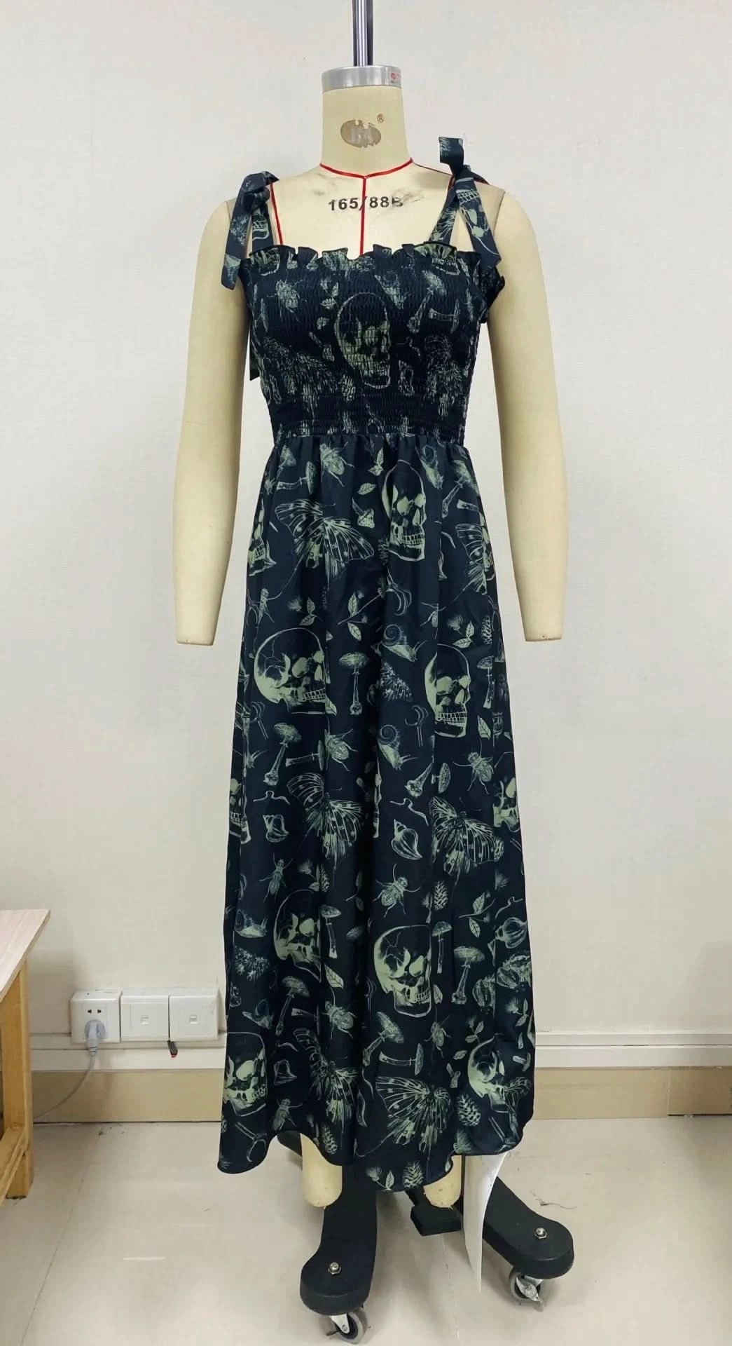 Goth Dark Fairy Grunge Y2k Aesthetic Skull Graphic Dresses Mall Gothic Shirring Lace Up Long Dress Punk A-line Slim Emo Clothing - M & M Global