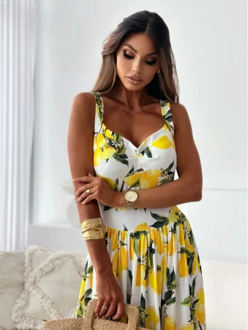 Women Clothing Sweet Sling Printed Backless Pleated Dress Spring and Summer Commuter Ruffled Woven Long Dress - M & M Global