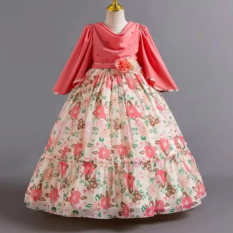 Girls flower pearl long sleeved princess dress 4-12 years old elegant bow printed long dress carnival birthday party performance - M & M Global
