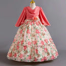 Girls flower pearl long sleeved princess dress 4-12 years old elegant bow printed long dress carnival birthday party performance - M & M Global