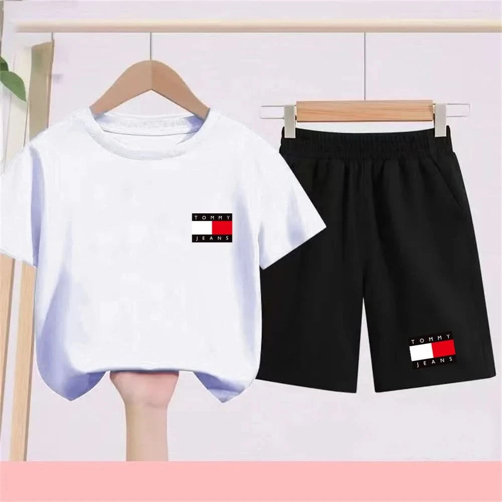 Kids Short sleeve Fashion T-shirt Boys Girls Toddler 3-12Yrs Tops and bottom Sunshine Casual Set outdoor sport black Clothes - M & M Global