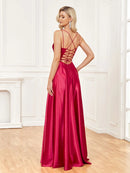 Luxury V-Neck Satin Sleeveless Blue Formal Evening Dress 2024 Women Elegant Sexy Slip Wedding Party Long Prom Dress
