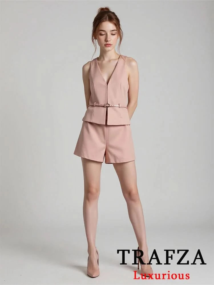 TRAFZA Vintage Chic Solid Women Suit V Neck Sleeveless Sashes Vest Blazer Straight Shorts New Fashion 2025 Summer Office Sets - M & M Global
