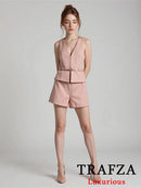 TRAFZA Vintage Chic Solid Women Suit V Neck Sleeveless Sashes Vest Blazer Straight Shorts New Fashion 2025 Summer Office Sets - M & M Global
