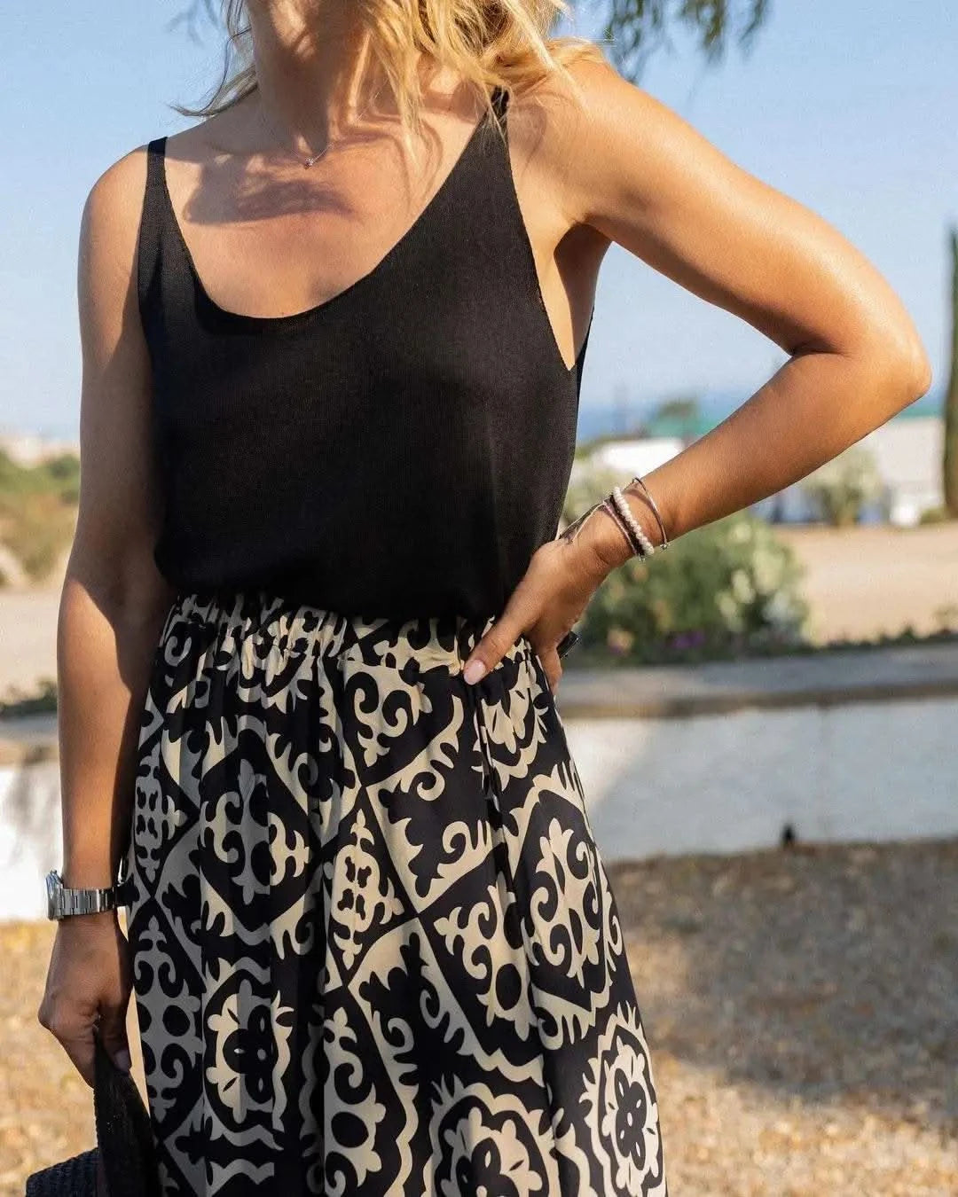 boho print maxi skirt women fashion high waist 3D printting long dress casual loose summer high waist skirts for women 2024 - M & M Global