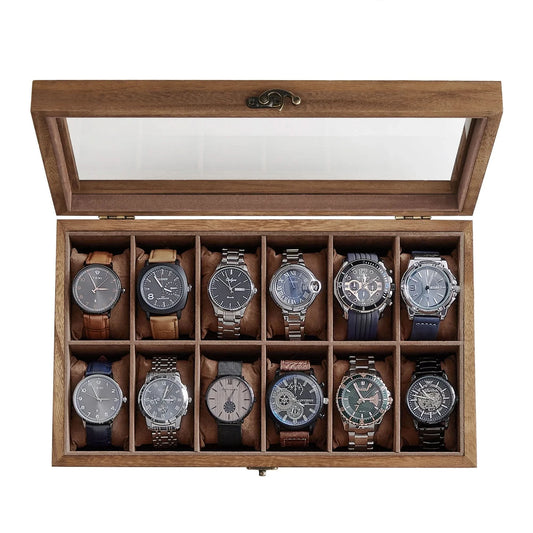 SONGMICS Watch Box with glass lid, solid wood organizer for 12 watches.