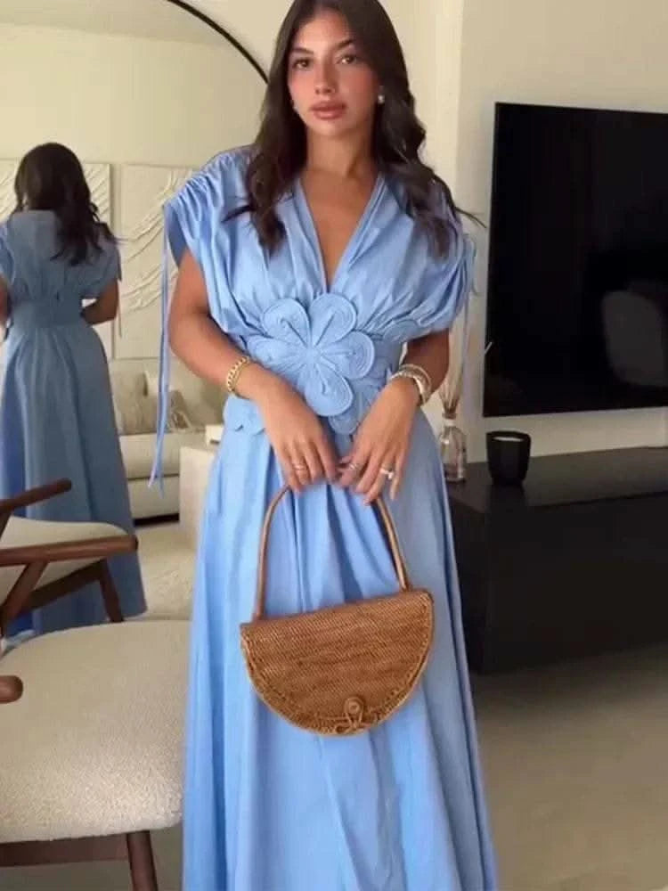 Blue V-Neck Waist-Fitted Bow-Decored Long Dress For Women Fashionable And Elegant European And American Style - M & M Global