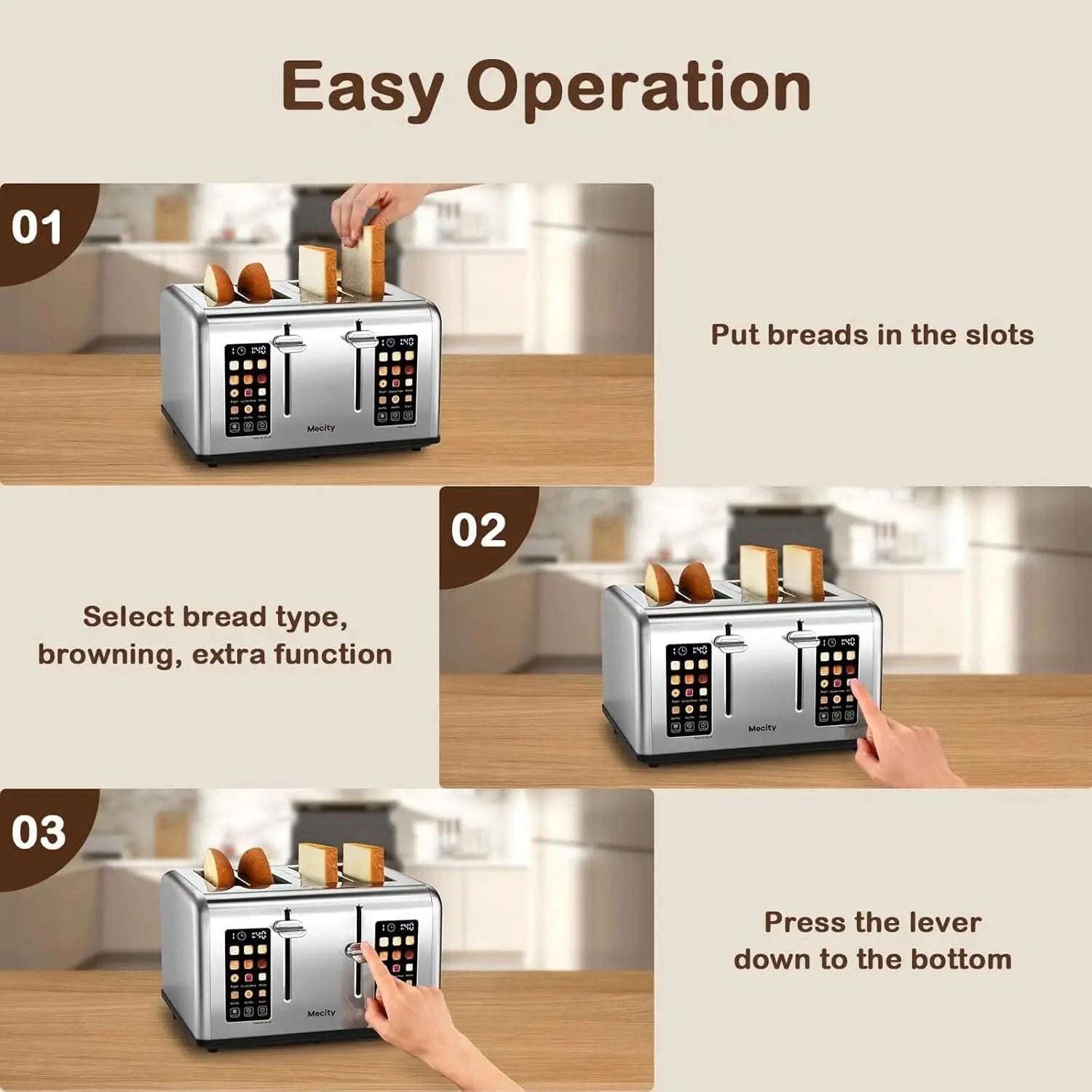 4 Slice Toaster with Touch Screen Control, 4 Wide Slots, Stainless Steel Smart Bread Toaster for Bagels, Muffins, Waffles, Dual - M & M Global