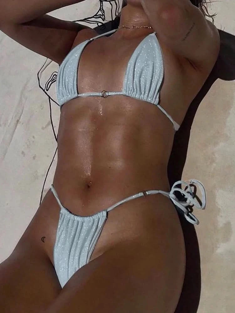 Solid Color Bikini Set Shiny Swimwear Women Shiny Swimsuit Bandage Bikinis Micro Thong Biquini Brazilian Beachwear - M & M Global