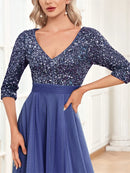 Luxury Floor Length V-Neck Evening Dress 2025 Women Elegant Party Maxi Dress Sequin Short Sleeves Prom Cocktail Gown