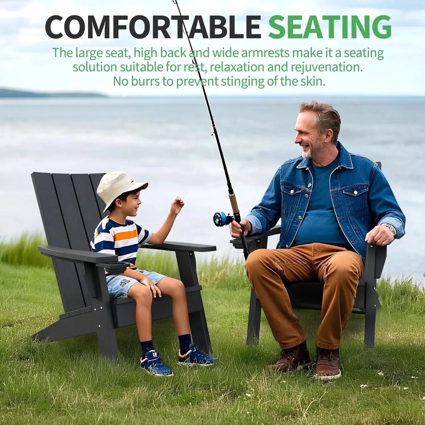 Adirondack Chair. Outdoor. Weather Resistant. Black. Oversized. HDPE. For Patio, Lawn, Garden, Camping. Easy Installation.
