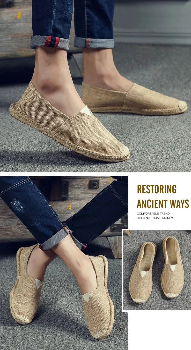 Women Sewing Flax Shoes Slip on Loafers Casual Shoes Man Espadrilles Hemp Canvas Flat Shoes Plus Size Fisherman Driving Footwear - M & M Global