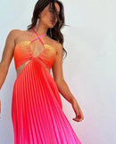 Women Chic Gradient Print Halter Neck Pleated Beach Long Dress Fashionable Long Dress Sexy Hollow Out Vacation Maxi Dress Outfit - M & M Global