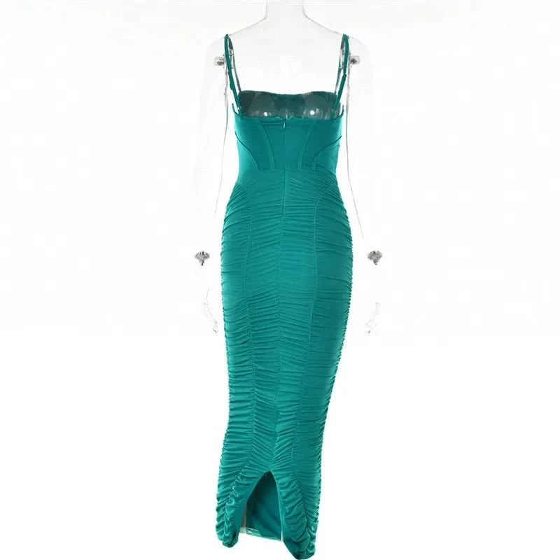 Mozision Elegant Corset Ruched Maxi Dress Women Fashion Spaghetti Strap Sleeveless Backless Zipper Long Dress Vestido - M & M Global