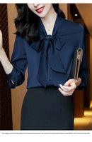 Elegant Pure Color Long Sleeve Women's Shirt with Bow Tie Single Button Open Cardigan Spring Autumn Fashionable Ageless