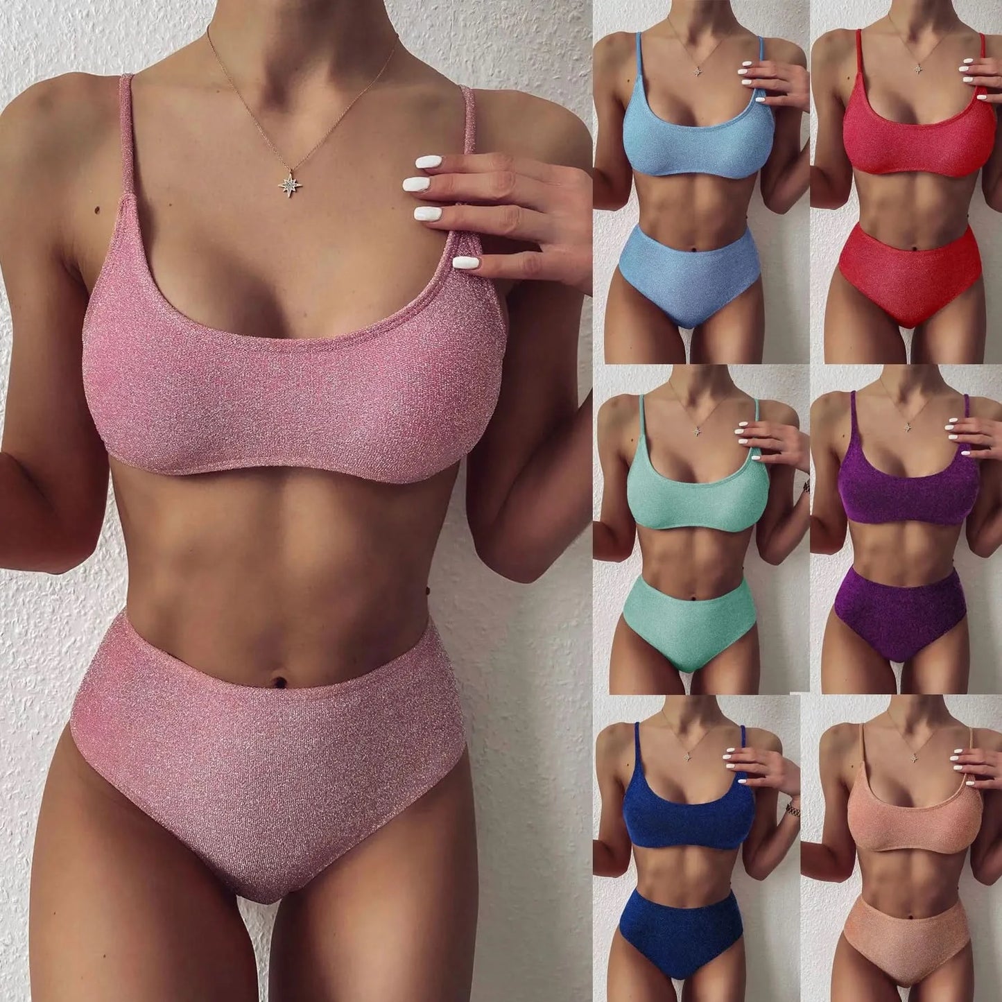 Sexy Sequin Bikini Shiny Solid Pink Push Up High Waist Bikini Set Female High Cut Bathing Suit Halter Top Swimwear Beachwear - M & M Global
