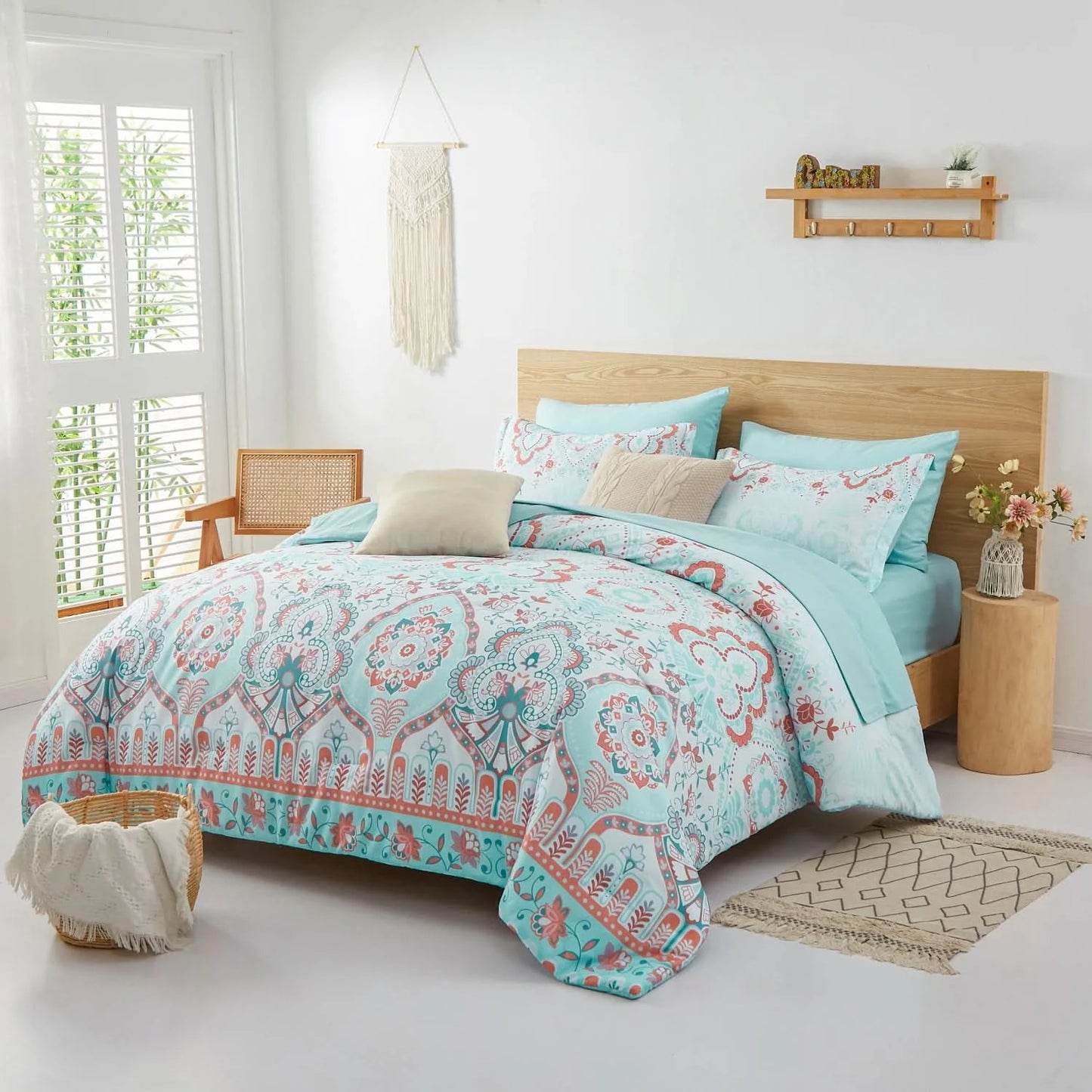 7-Pcs Bohemian print Comforter sets, soft comfort, Bedding Sets, room decor, all-season, Queen/King