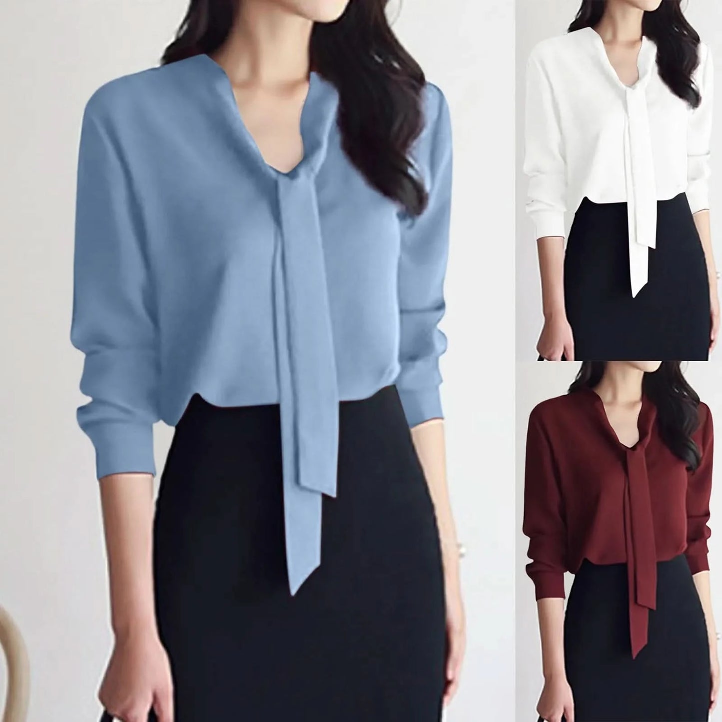 Female Elegant Shirt Women's Solid Color Long Sleeve Business Bow Ribbon Blouse Women Slimming Senior Sense Tunic Tops for Work - M & M Global