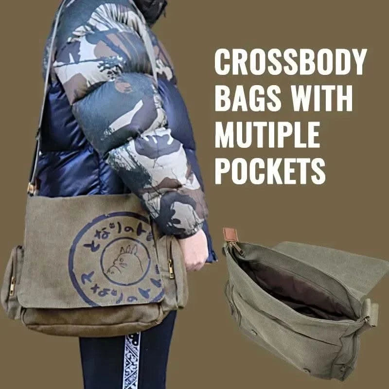 Canvas Messenger Handbag Large Capacity Washed Women Oblique Straddle Canvas Bag Simple Vintage Cartoon Leisure Shoulder Handbag - M & M Global