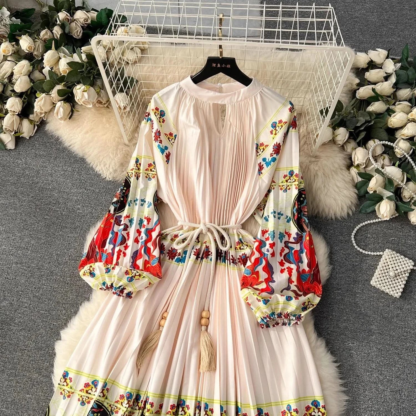 Spring Holiday Print Long Dress For Women Fashion Loose Lantern Sleeve Party Robe Female Big Swing Tassels Belt Pleated Clothes - M & M Global