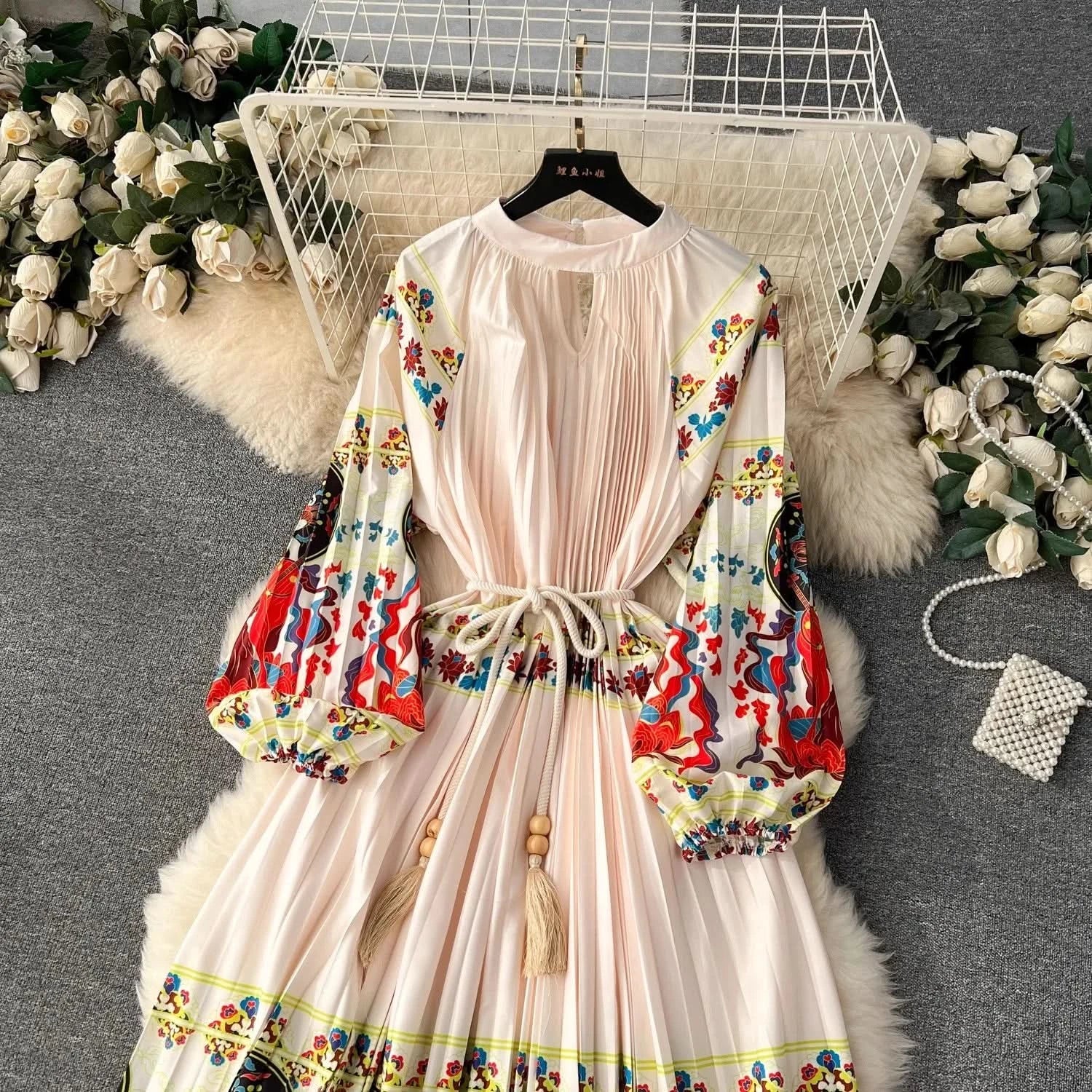 Spring Holiday Print Long Dress For Women Fashion Loose Lantern Sleeve Party Robe Female Big Swing Tassels Belt Pleated Clothes - M & M Global
