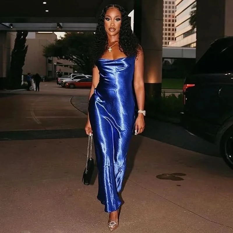 Sibybo Sexy Spaghetti Strap Backless Satin Dress Women Y2K Blue Lace Up Trumpet Long Dress Elegant Bodycon Party Dresses 2022 - M & M Global