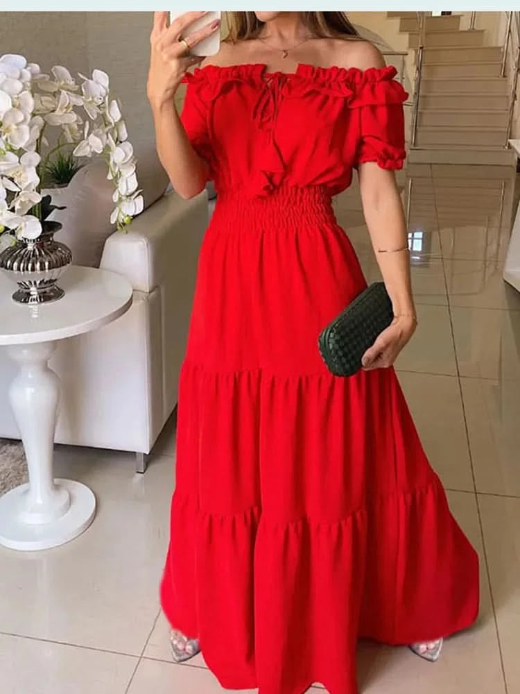 Summer Boho Red Dress Fashion Short Sleeve Beach Long Dress Casual Loose Elegant Holiday Party Dresses For Women Robe Femme 2023 - M & M Global