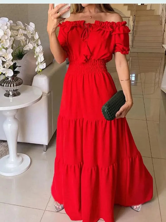 Summer Boho Red Dress Fashion Short Sleeve Beach Long Dress Casual Loose Elegant Holiday Party Dresses For Women Robe Femme 2023 - M & M Global